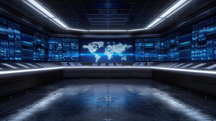 Futuristic control room with large screens displaying a world map and data streams.  The room has a sleek, modern design with a reflective floor.