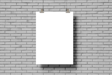 Hanging Poster Mockup on White Brick Background