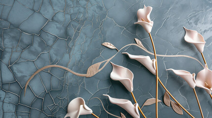 A beautiful arrangement of calla lily flowers with soft pink and white hues. These flowers are set against a textured, dark blue-gray background that has a cracked, almost ceramic appearance