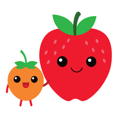 funny jumping apple and Strawberry, cartoon character, vector illustration, isolated white background 
