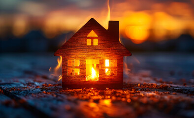 Naklejka premium A small house is on fire and surrounded by a lot of wood