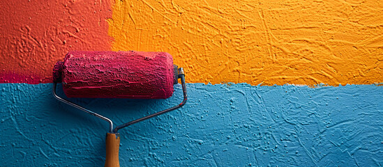 Obraz premium Close up of a colorful paint roller with copy space, suitable for home improvement, renovation, interior design projects, and DIY crafts.