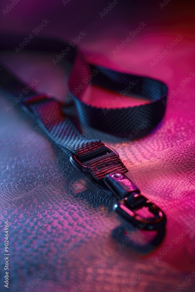 Poster a close-up shot of a lanyard with a bright red light shining in the background