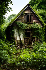 Nature's Reclaim: A Decayed Building in an Overgrown, Neglected Area with Stagnant Pond