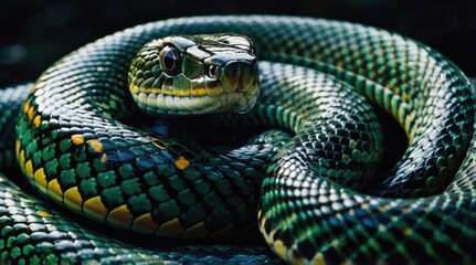 Fototapeta premium Closeup portrait of a green snake with yellow markings