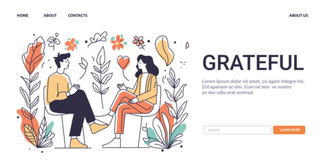 Mental Wellness Concept two people conversing surrounded by plants hearts and flowers website design