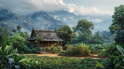 A house in the middle of a small garden. mountainous vistas. joyful celebration of nature. copy space for text.