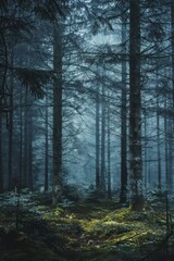 Fototapeta premium Misty foggy forest, fir mountains, natural mist landscape, dark woods view, mystery clouds on pine trees