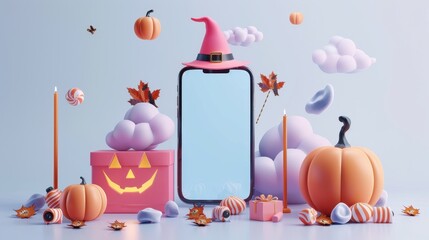 Halloween sale promotion online shopping on smartphone,orange sale in autumn,banner Poster template with Product display stage,Vector 3d ad illustration for promotion in halloween day.