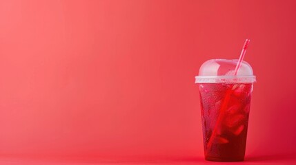 Red drink in a plastic cup isolated on a red pastel background. Take away drinks concept with copy space