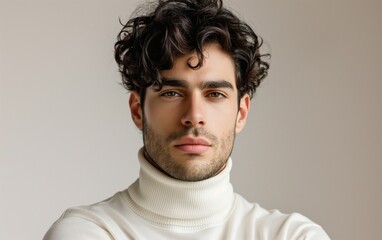 Fototapeta premium A close-up portrait of a European man with curly dark hair, wearing a white turtleneck, exuding confidence and style. Ideal for fashion, lifestyle, or modern aesthetics.