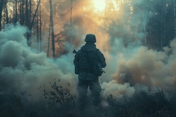 Obraz premium A soldier stands in a field of smoke, providing a sense of mystery and intrigue