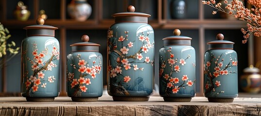 a group of jars with flowers on them.