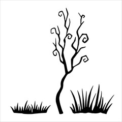 Halloween hand drawn creepy tree silhouette and grass. Vector doodle sketch illustration isolated on white background, ready for design..