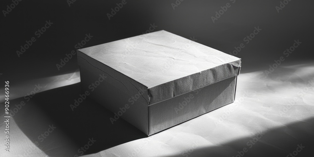 Poster a simple photograph of a box placed on a bed, captured in monochrome tones