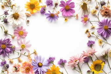 Fototapeta premium A bouquet of bright flowers forming a circular shape on a white background