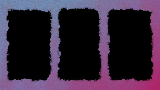 Three vertical black pillarbox for video or image in video with cool grey industrial textured paper background, ready for luma key