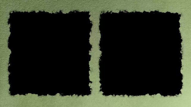 Two vertical black pillarboxes for video or image in video with natural green earth tone textured paper background, ready for luma key