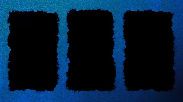 Three vertical black pillarbox for video or image in video with blue purple textured paper background, ready for luma key