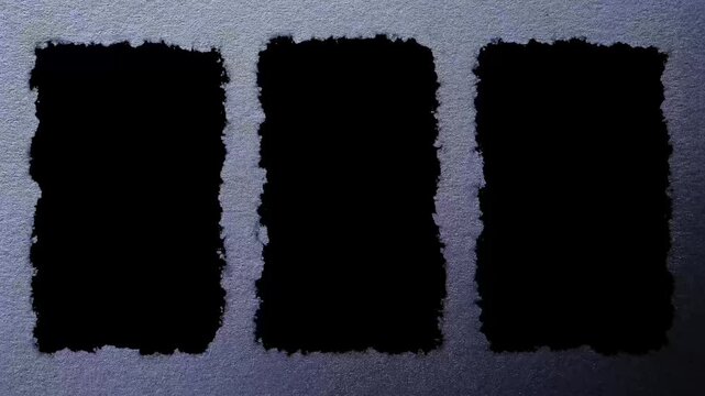 Three vertical black pillarbox for video or image in video with black white textured paper background, ready for luma key
