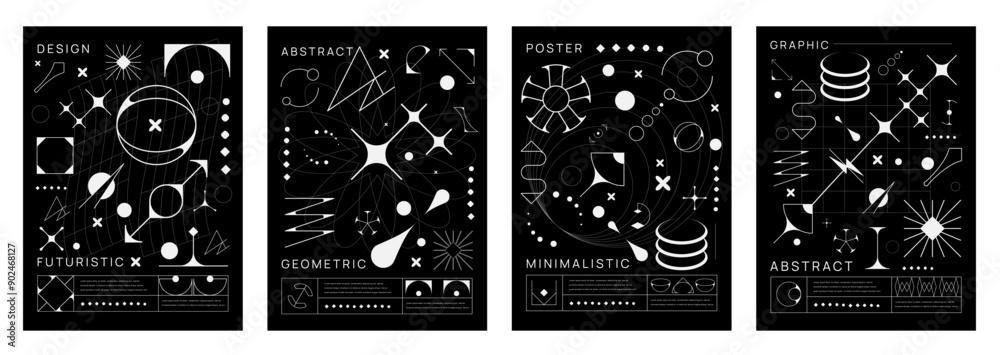 Aufkleber Retro brutal y2k posters with abstract geometric shapes and elements. Vector grid pattern, monochrome line stars, space planet globes and sun, aesthetic art figures and trendy futuristic graphic forms