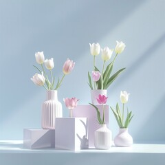 Obraz premium A delicate arrangement of pastel-colored tulips in various white ceramic vases, placed on geometric platforms against a soft blue background with natural light. Perfect for decor, floral, or minimalis