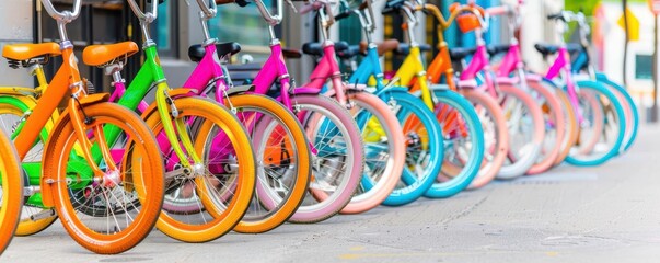 A vibrant array of colorful bicycles lined up in a row, showcasing playful hues and urban charm in a sunny environment.