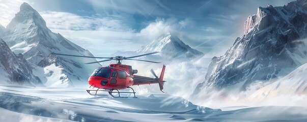 Rescue helicopter landing in snow mountains with skier nearby. Free copy space for banner.