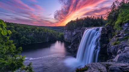 Fototapeta premium Beautiful sunset over a stunning waterfall flowing through a dense green forest, captured in vibrant colors.
