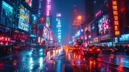 Night city with modern architecture and bright billboards