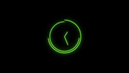 clock icon neon glowing lime green color 4k illustration. black background 24 hour fast  digital clock.