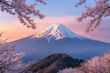 Breathtaking view of Mount Fuji framed by blooming cherry blossom trees at sunset, showcasing nature's beauty and tranquility.