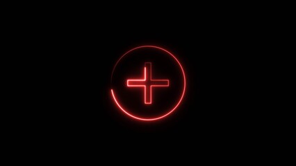  plus icon neon glowing red color 4k illustration and red circle 4k video. 