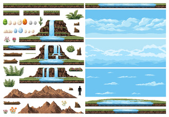 Dinosaur era environment pixel game asset. Waterfall cascade and mountains, lake and river, sky and flowers, fern, stumps and logs elements for creating prehistoric landscapes in retro video games © Vector Tradition