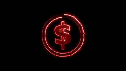 Doller icon neon glowing red color 4k illustration and red circle on black background.