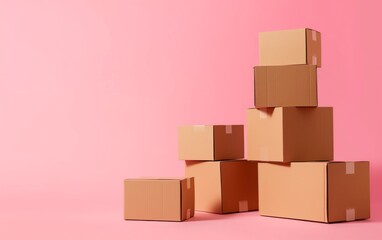 Obraz premium A stack of beige cardboard boxes is set against a pink background. Ideal for packaging, shipping, or minimalist design themes.
