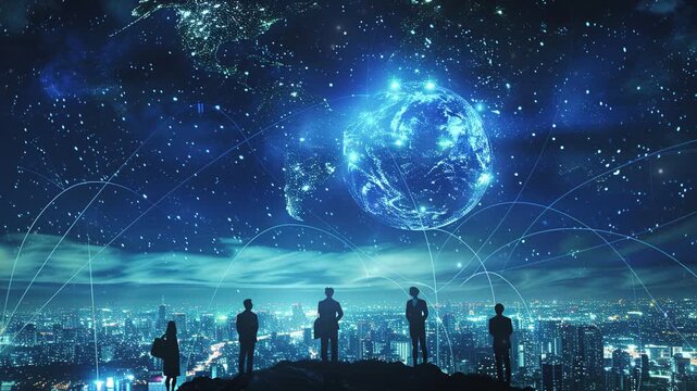 Business background. Business teams working together on global networks and connectivity. Digital world with glowing hologram earths in the city. International business communication with digital tech
