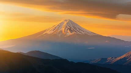 Stunning view of a majestic mountain at sunset, showcasing vibrant colors and a tranquil atmosphere over a serene landscape.