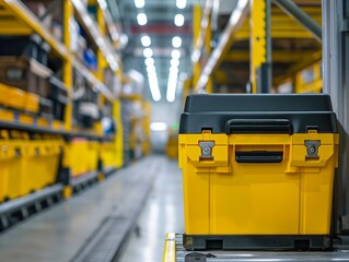 Yellow toolbox in a warehouse aisle