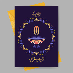Happy diwali, deepavali, dipavali festival of lights. Simple design set diya lights, mandala for greeting card, flyer, poster, or cover