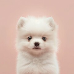 Obraz premium A close-up portrait of a fluffy white Pomeranian puppy with bright eyes, sitting against a pastel pink background. Perfect for pet, animal, or cute-themed designs.