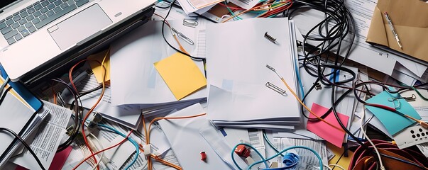 A cluttered workspace with scattered documents, tangled cables, and messy notes, symbolizing poor organization and chaotic business processes.