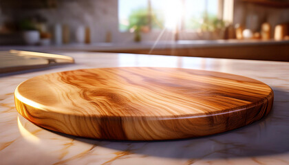 Obraz premium Close-up of an empty rustic round wooden cutting board on white marble kitchen counter, copy space for your product display or pedestal for display mockup or products presentation. Generative Ai.