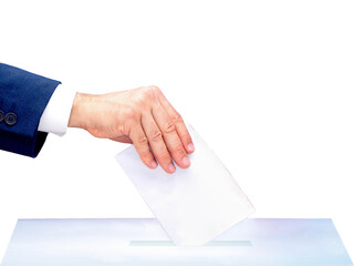 Obraz premium Man's hand putting ballot paper in voting box against white background