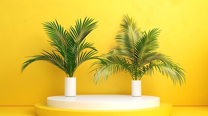 Fototapeta premium Tropical Product Display with Palm Leaves and White Platform