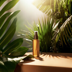 Cosmetic bottle with dispenser on table near tropical plants in bathroom
