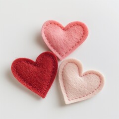 Obraz premium Three felt hearts in red, pink, and white, placed on a light background. Perfect for Valentine’s Day, love, or craft-themed projects.
