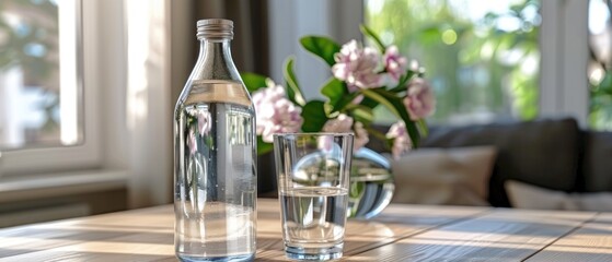 Glass of water with a bottle on table in the living room at home. Healthy lifestyle and stay hydrated.