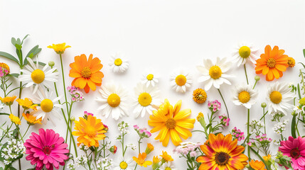 Summer flower display: Daisy, cosmos, blanket flower, aster, zinnia, tickseed, sunflower, doronicum on white background. Floral frame border. Top view, flat lay.