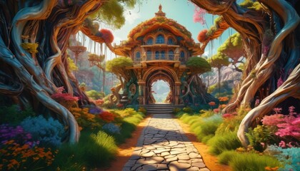 Fototapeta premium Fantasy Treehouse with Stone Pathway.